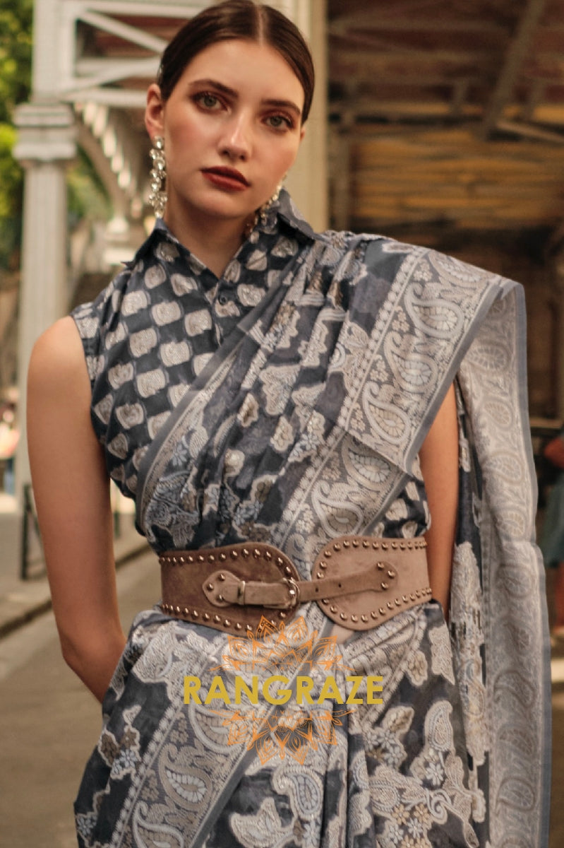 Raven Black Woven Lucknowi Organza Silk Saree