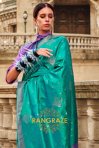 Turquoise Green Woven Banarasi Soft Silk Saree