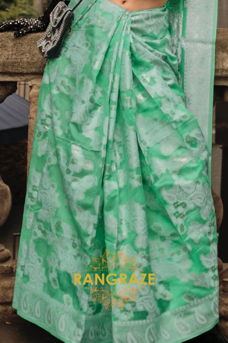 Turquoise Green Woven Lucknowi Organza Silk Saree