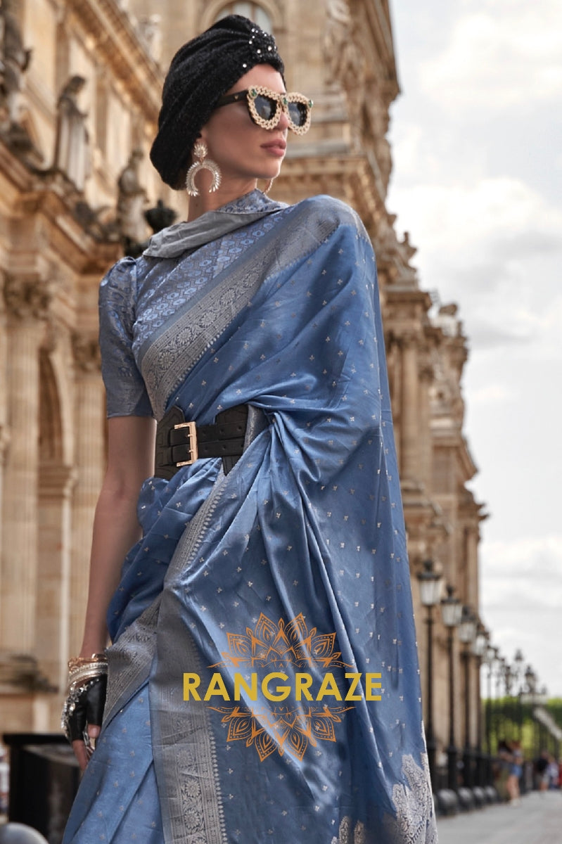 Cobalt Blue Woven Satin Silk Saree With Brocade Blouse