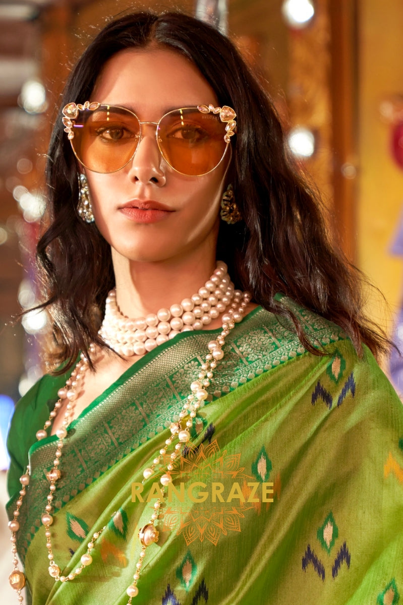 Parrot Green Woven Banarasi Soft Silk Saree