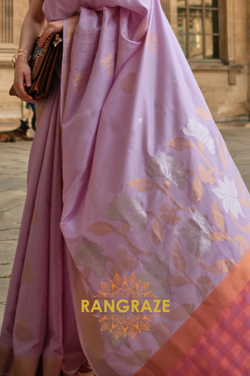 Lavender Lilac Soft Silk Handloom Weaving Banarasi Saree