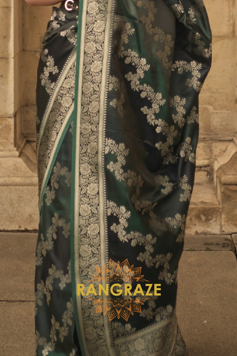 Imperial Green Rangkat Satin Handloom Weaving Silk Banarasi Saree
