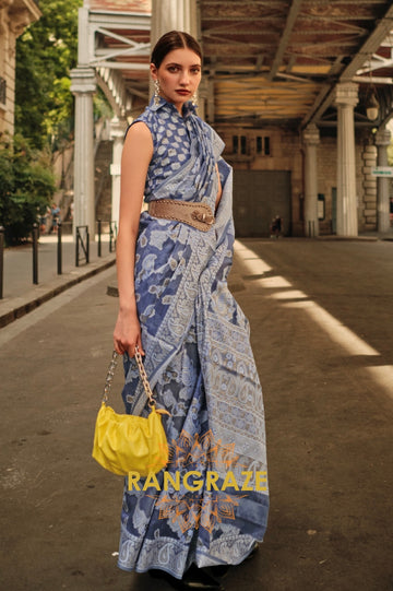 Denim Blue Woven Lucknowi Organza Silk Saree