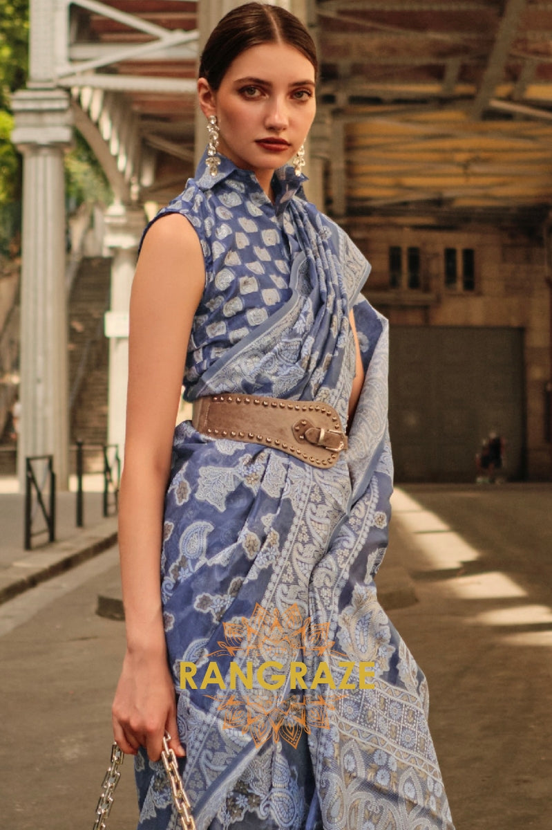 Denim Blue Woven Lucknowi Organza Silk Saree
