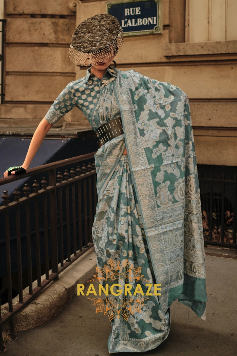 Hunter Green Woven Lucknowi Organza Silk Saree