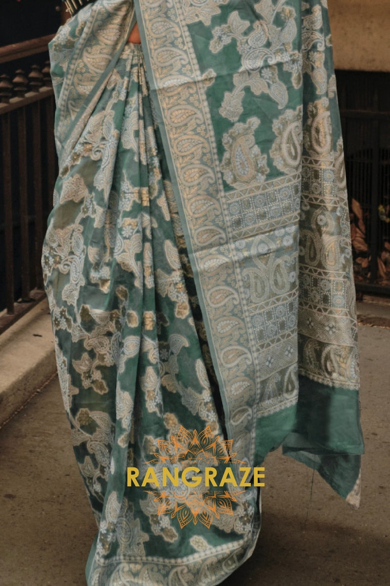 Hunter Green Woven Lucknowi Organza Silk Saree
