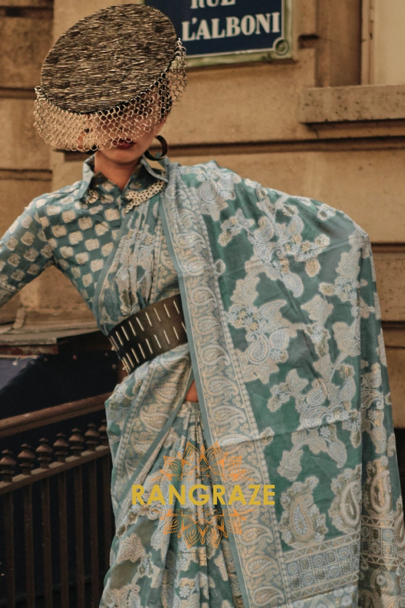 Hunter Green Woven Lucknowi Organza Silk Saree