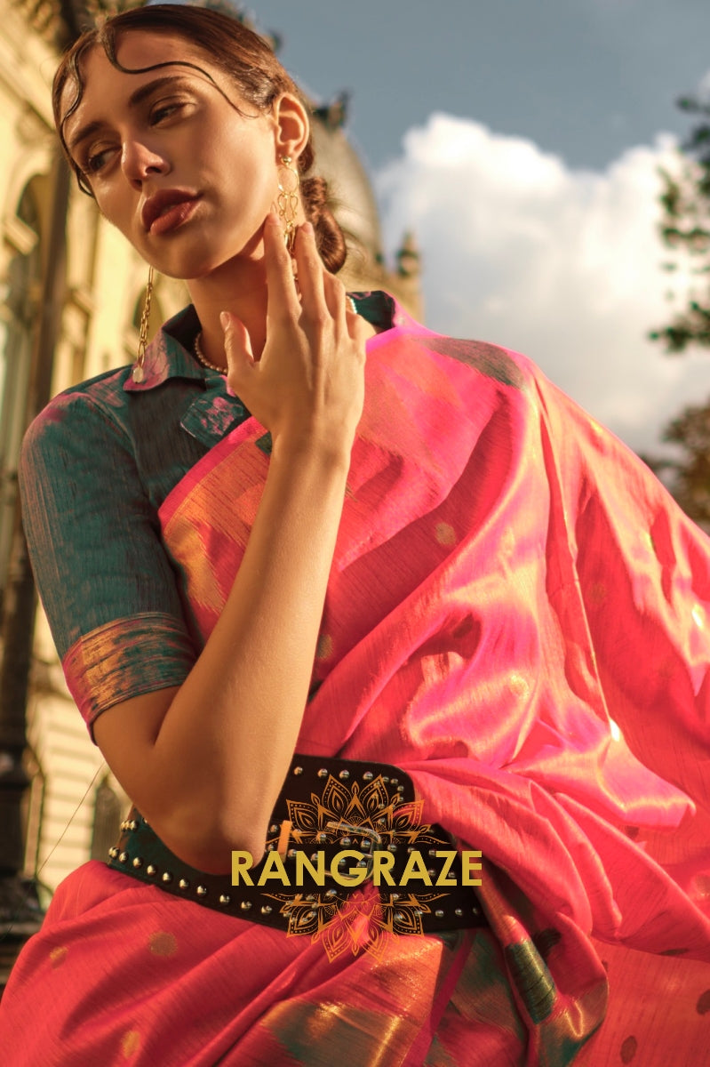 Blush Red Woven Banarasi Khaddi Silk Saree
