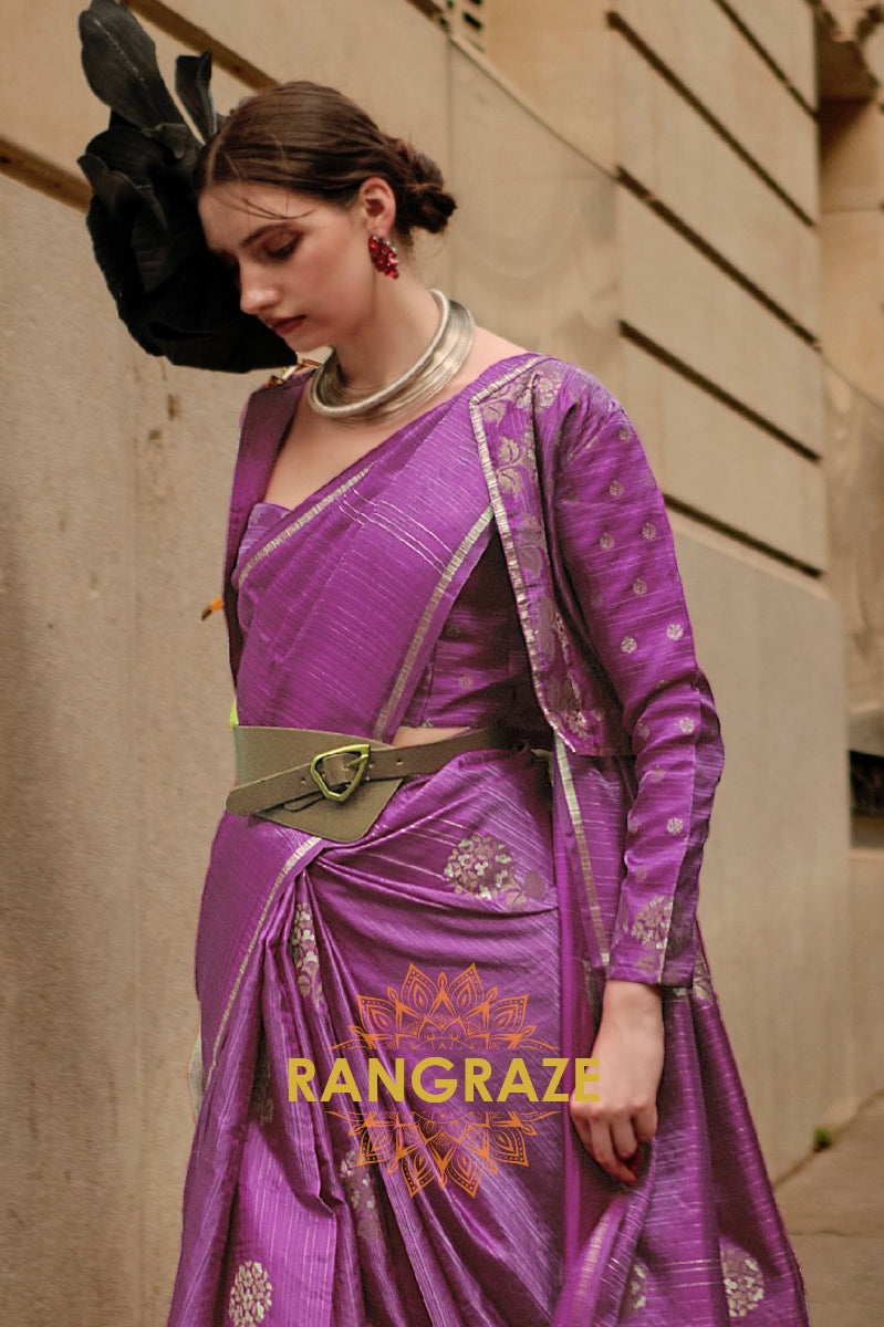 Deep Purple Pure Satin Zari Lining Handloom Weaving Banarasi Saree