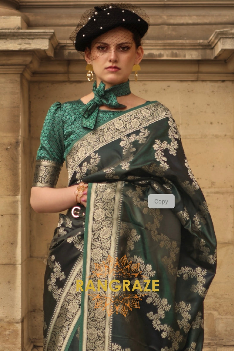 Imperial Green Rangkat Satin Handloom Weaving Silk Banarasi Saree