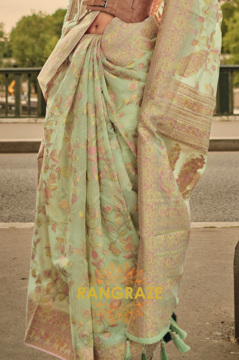 Rajwada Green Kashmiri Organza Handloom Weaving