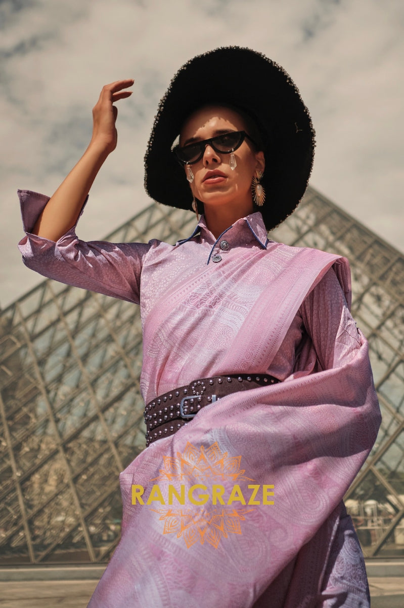 Lilac Lavender Pure Satin Handloom Weaving Banarasi Silk Saree