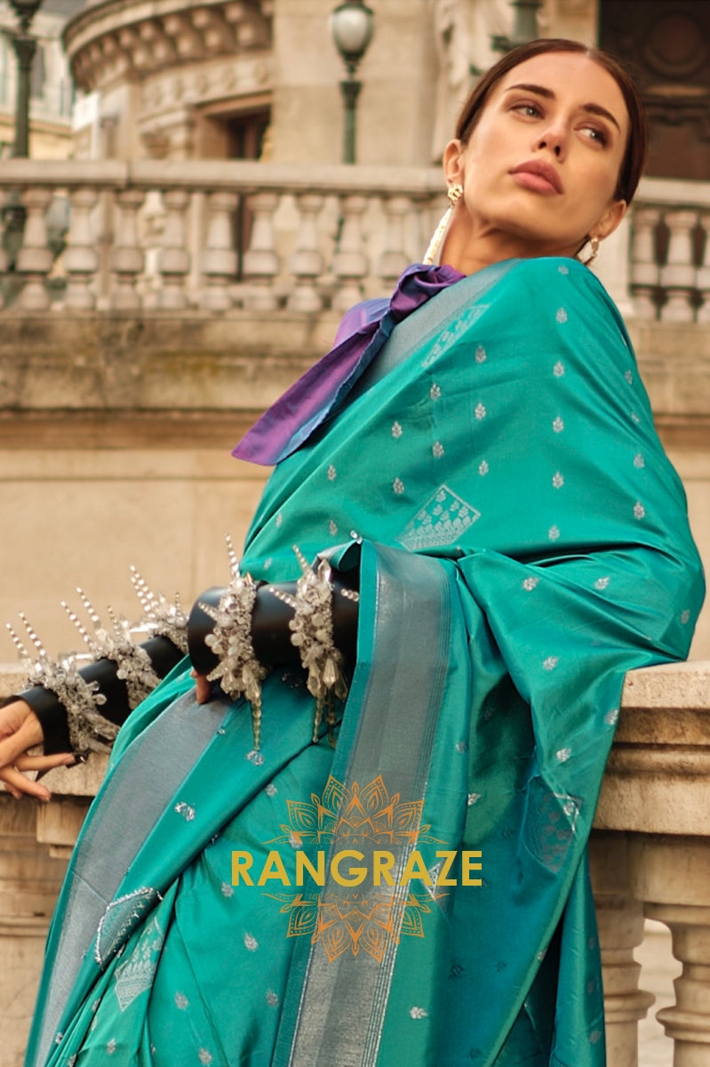 Turquoise Green Woven Banarasi Soft Silk Saree