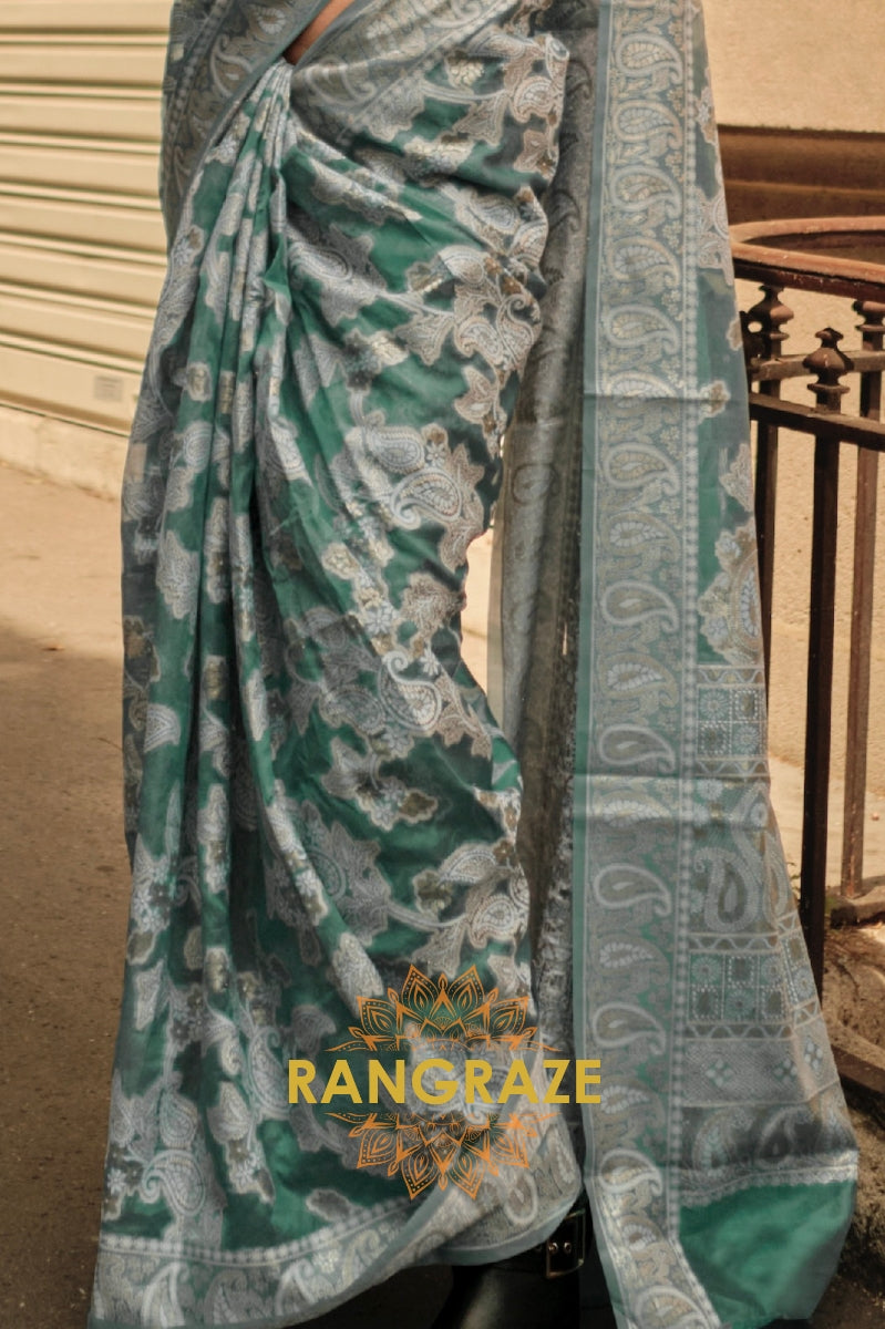 Hunter Green Woven Lucknowi Organza Silk Saree
