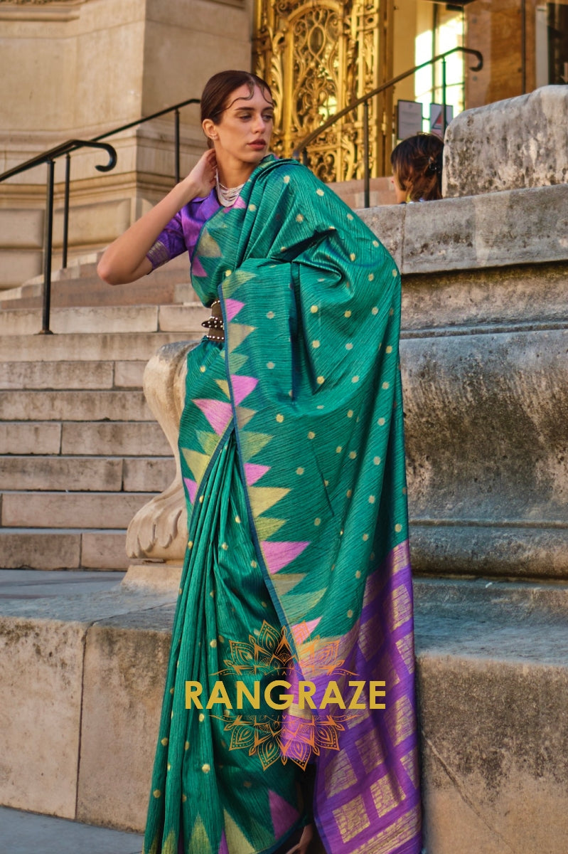 Teal Green And Golden Woven Banarasi Khaddi Silk Saree