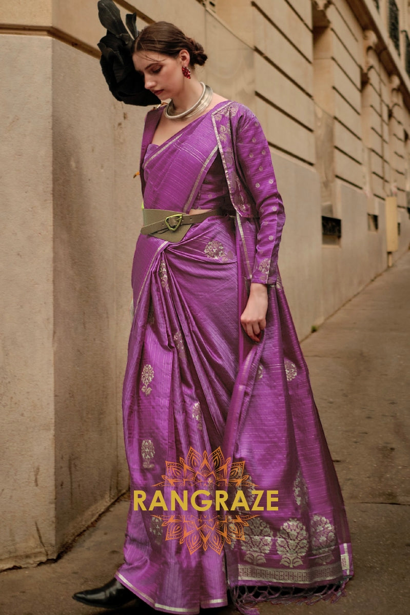 Deep Purple Pure Satin Zari Lining Handloom Weaving Banarasi Saree