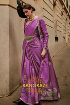Deep Purple Pure Satin Zari Lining Handloom Weaving Banarasi Saree