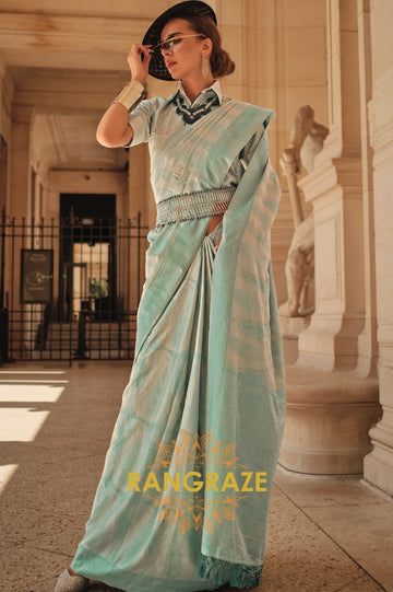 Turquoise Blue Pure Satin Handloom Weaving Banarasi Silk Saree