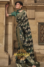 Imperial Green Rangkat Satin Handloom Weaving Silk Banarasi Saree