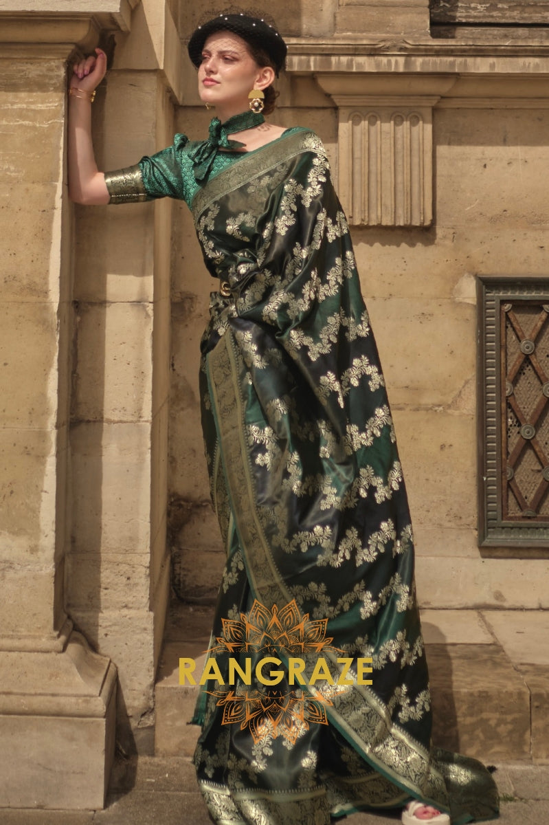 Imperial Green Rangkat Satin Handloom Weaving Silk Banarasi Saree