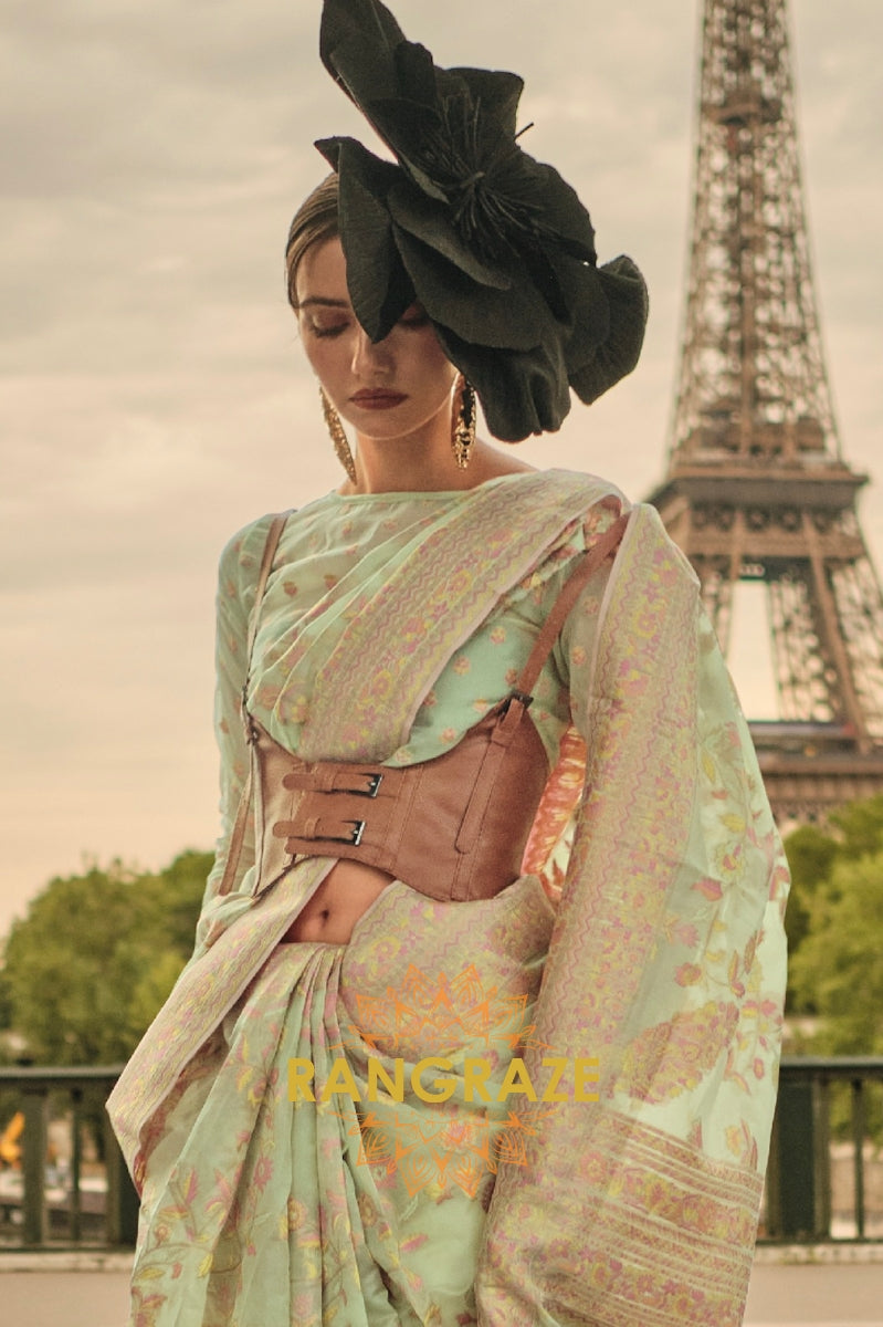 Rajwada Green Kashmiri Organza Handloom Weaving