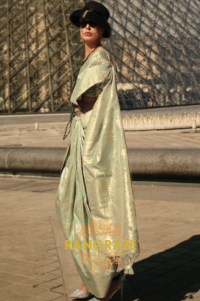 Pastel Green Gota Handloom Weaving Silk Banarasi Saree