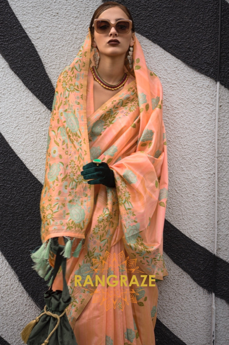 Floral Orange Parsi Weaved Cotton Silk Saree