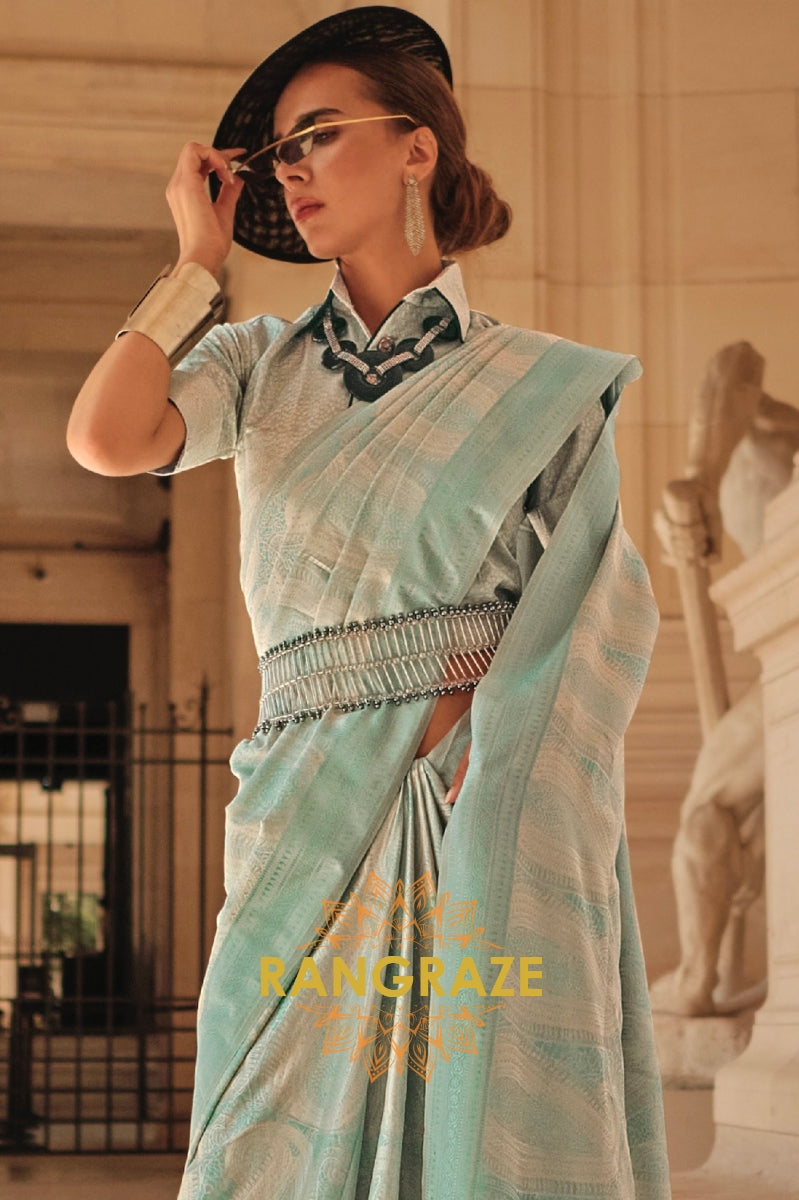 Turquoise Blue Pure Satin Handloom Weaving Banarasi Silk Saree
