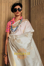 Pearly White Soft Silk Handloom Weaving Banarasi Saree