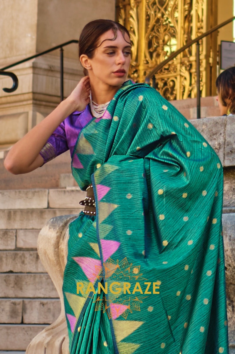 Teal Green And Golden Woven Banarasi Khaddi Silk Saree