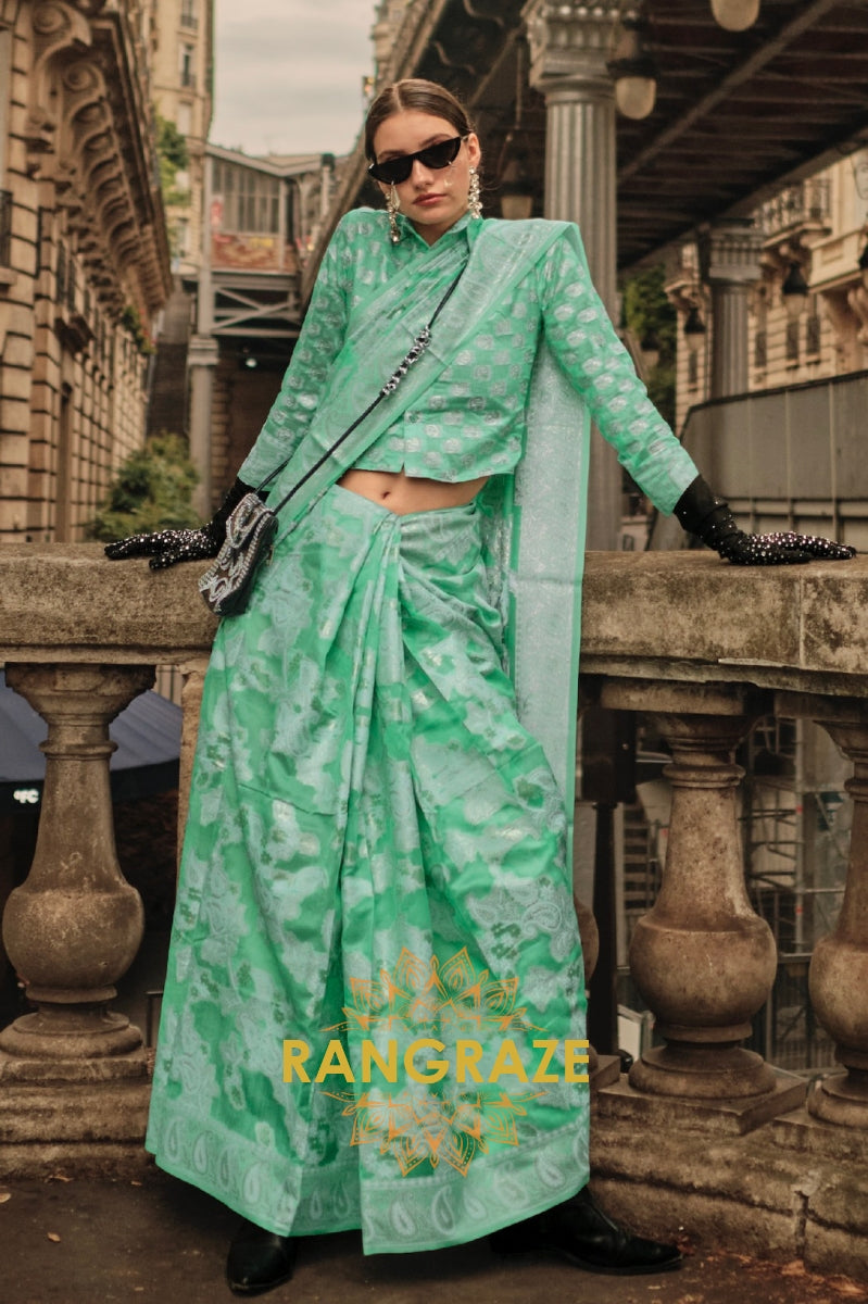 Turquoise Green Woven Lucknowi Organza Silk Saree