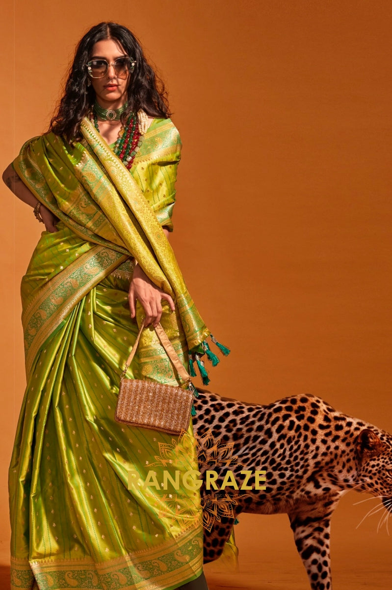 Regal Lime Green Dual Tone Banarasi Satin Silk Saree