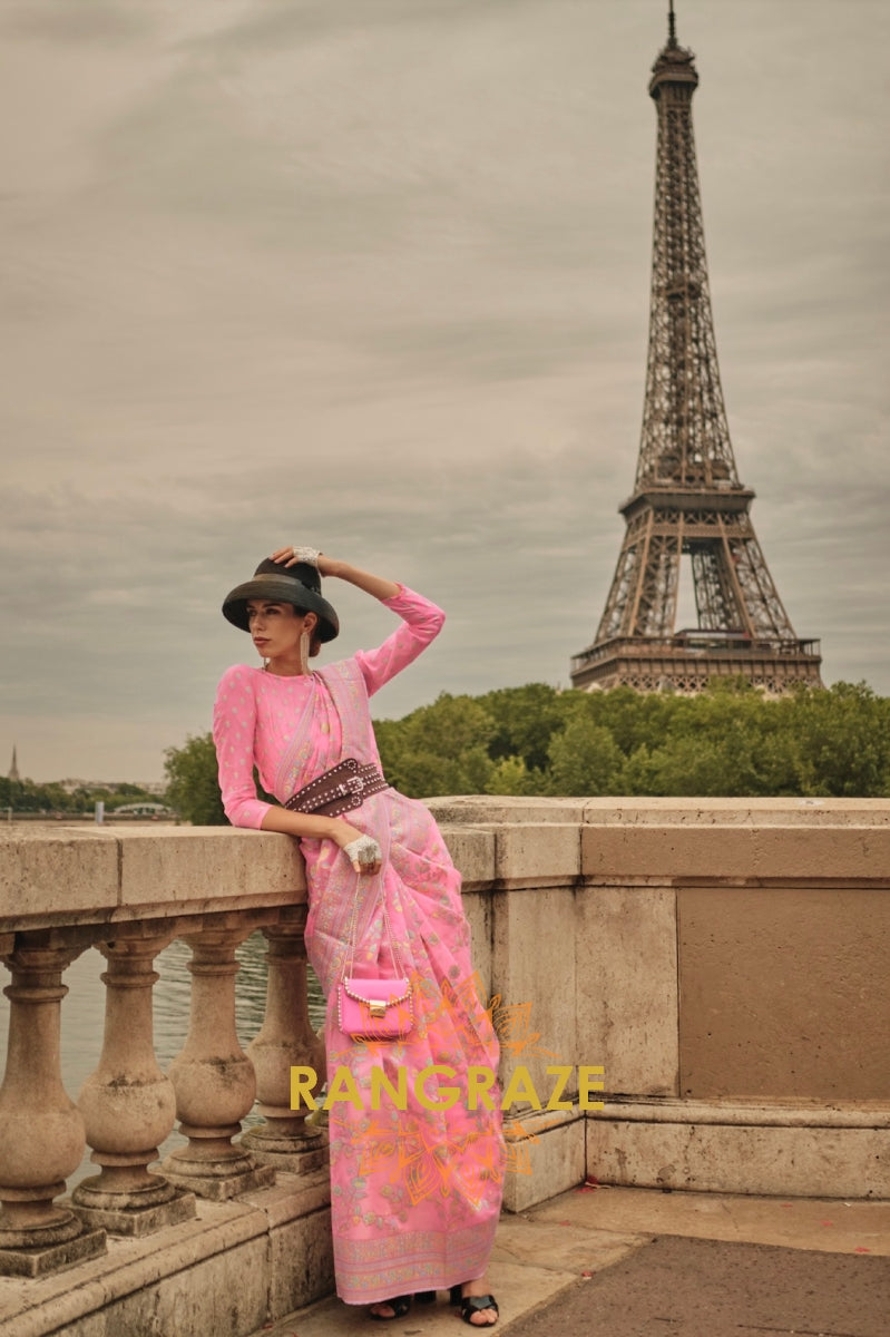 Rajwada Pink Kashmiri Organza Handloom Weaving