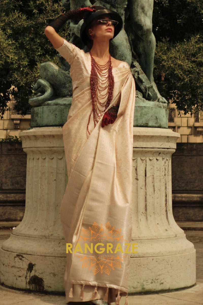 Royal Beige Pure Satin Handloom Weaving Silk Banarasi Saree