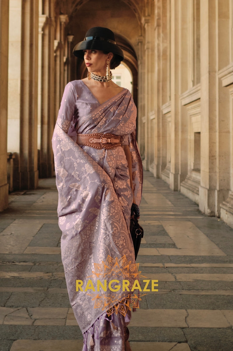 Lilac Purple Gota Handloom Weaving Silk Banarasi Saree