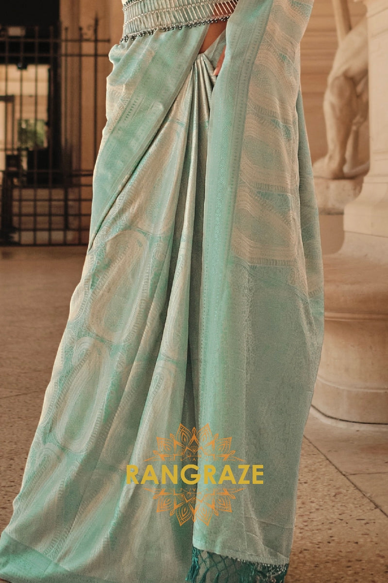 Turquoise Blue Pure Satin Handloom Weaving Banarasi Silk Saree