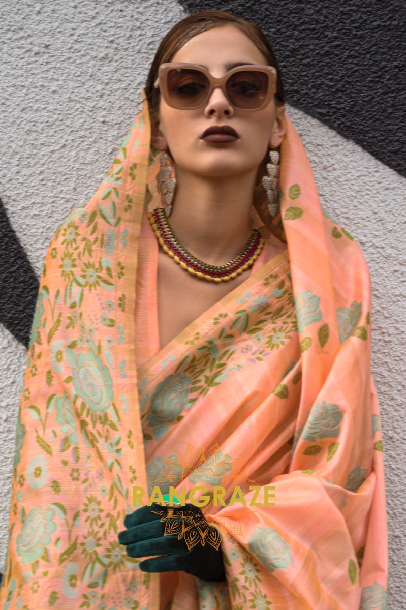 Floral Orange Parsi Weaved Cotton Silk Saree