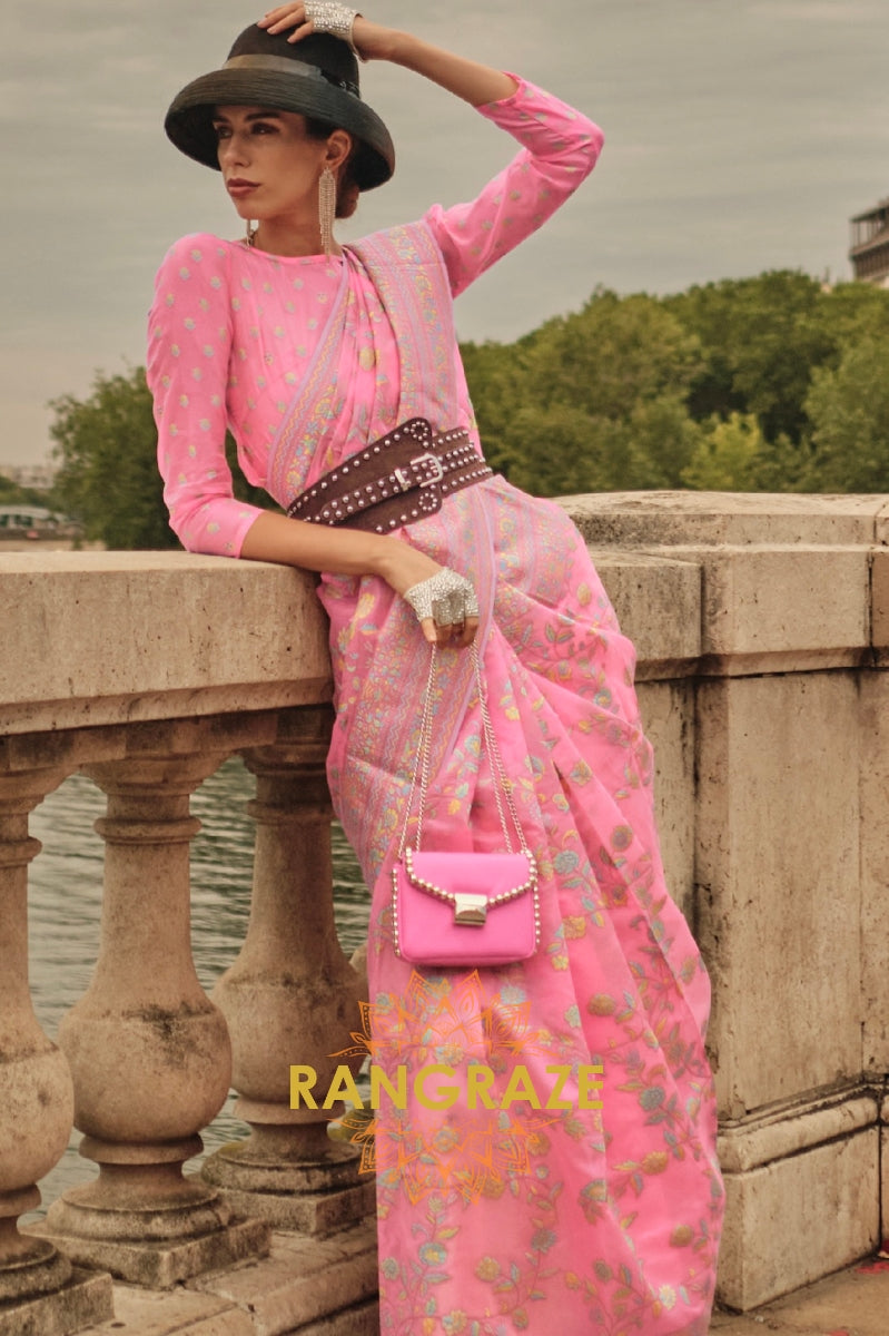 Rajwada Pink Kashmiri Organza Handloom Weaving