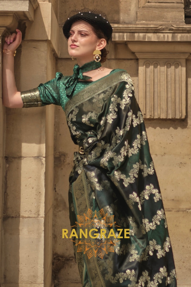 Imperial Green Rangkat Satin Handloom Weaving Silk Banarasi Saree