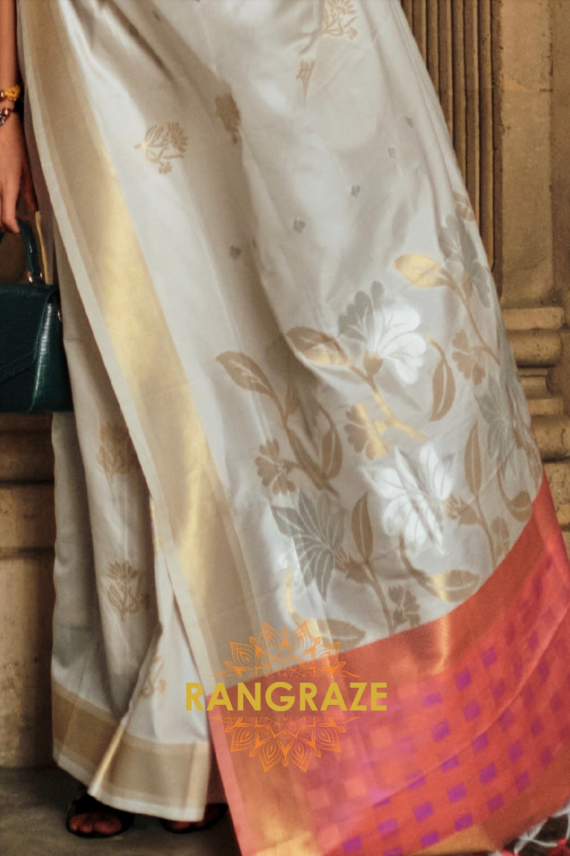 Pearly White Soft Silk Handloom Weaving Banarasi Saree