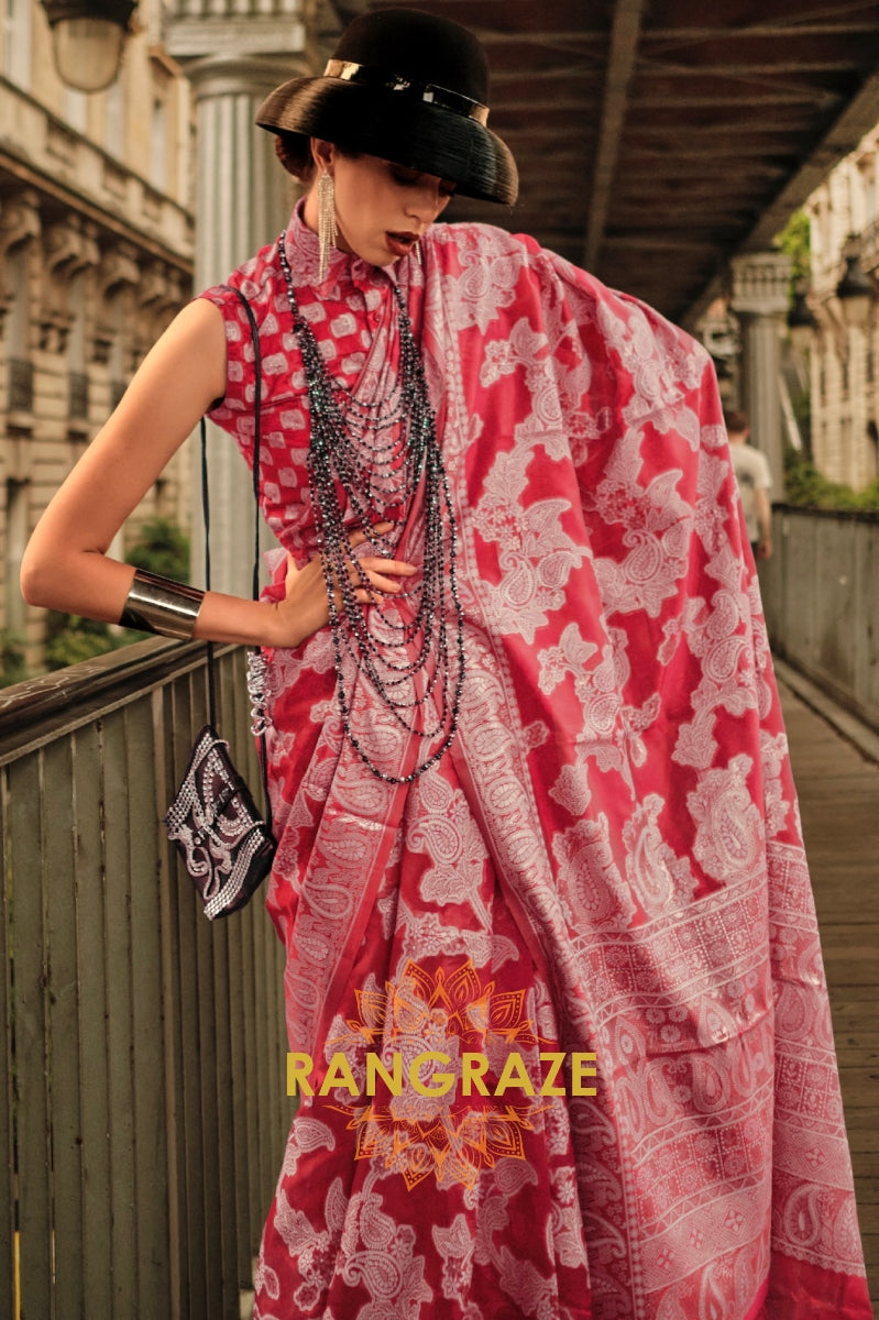 Cherry Red Woven Lucknowi Organza Silk Saree