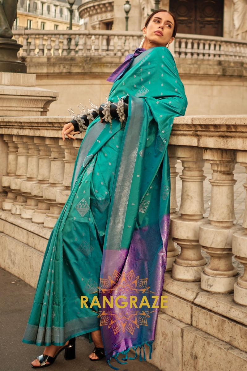 Turquoise Green Woven Banarasi Soft Silk Saree