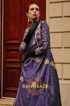 Indigo Blue Pure Satin Zari Lining Handloom Weaving Banarasi Saree