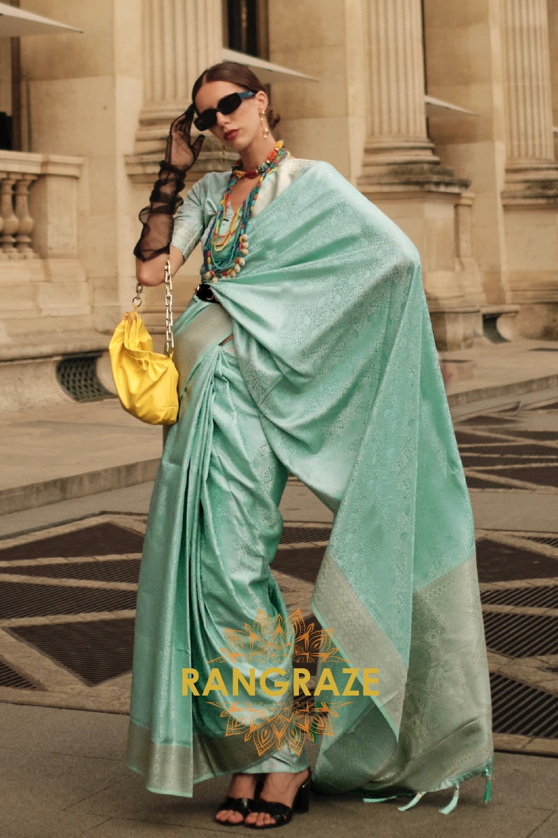 Royal Sea Green Pure Satin Handloom Weaving Silk Banarasi Saree