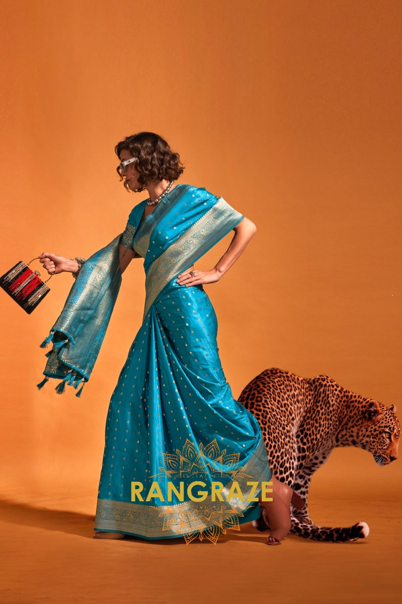 Sapphire Blue Dual Tone Banarasi Satin Silk Saree