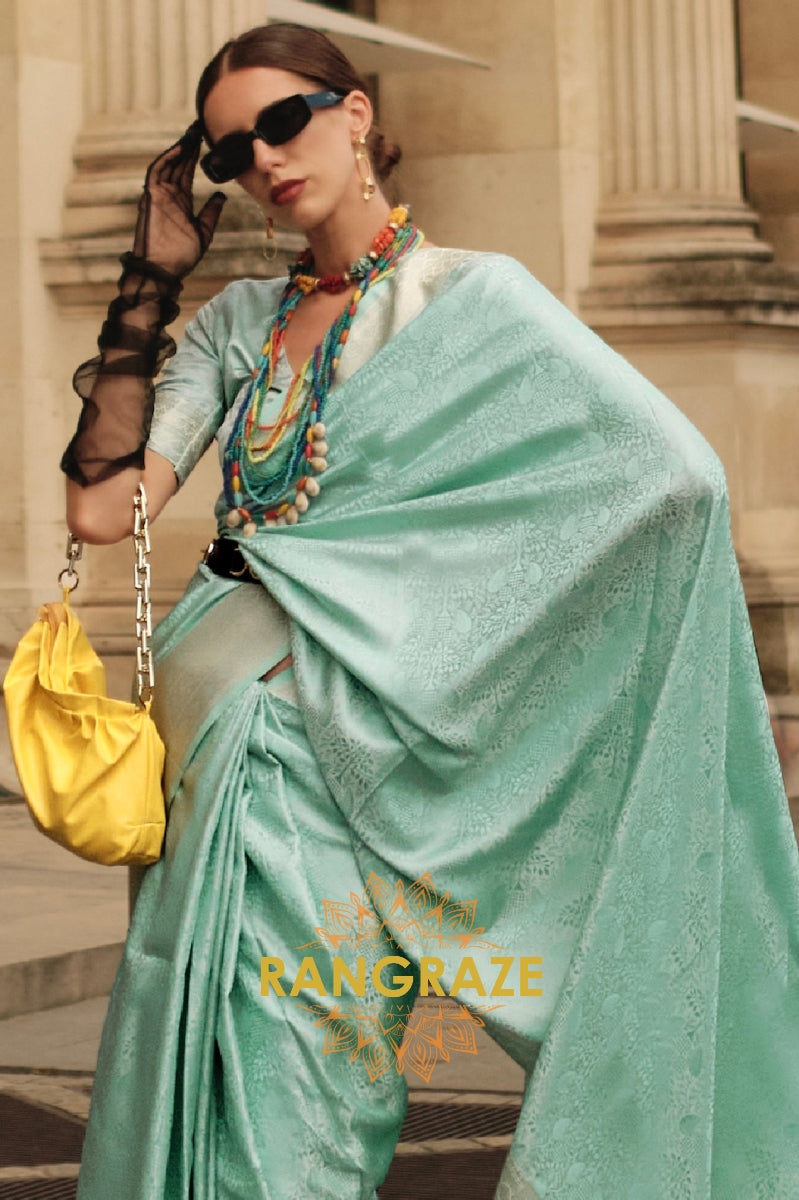 Royal Sea Green Pure Satin Handloom Weaving Silk Banarasi Saree