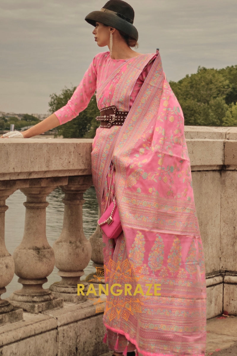 Rajwada Pink Kashmiri Organza Handloom Weaving