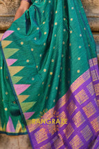 Teal Green And Golden Woven Banarasi Khaddi Silk Saree