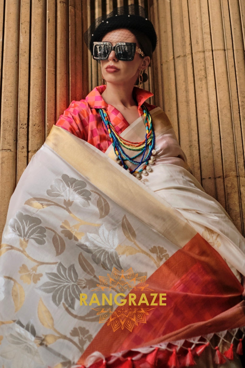 Pearly White Soft Silk Handloom Weaving Banarasi Saree